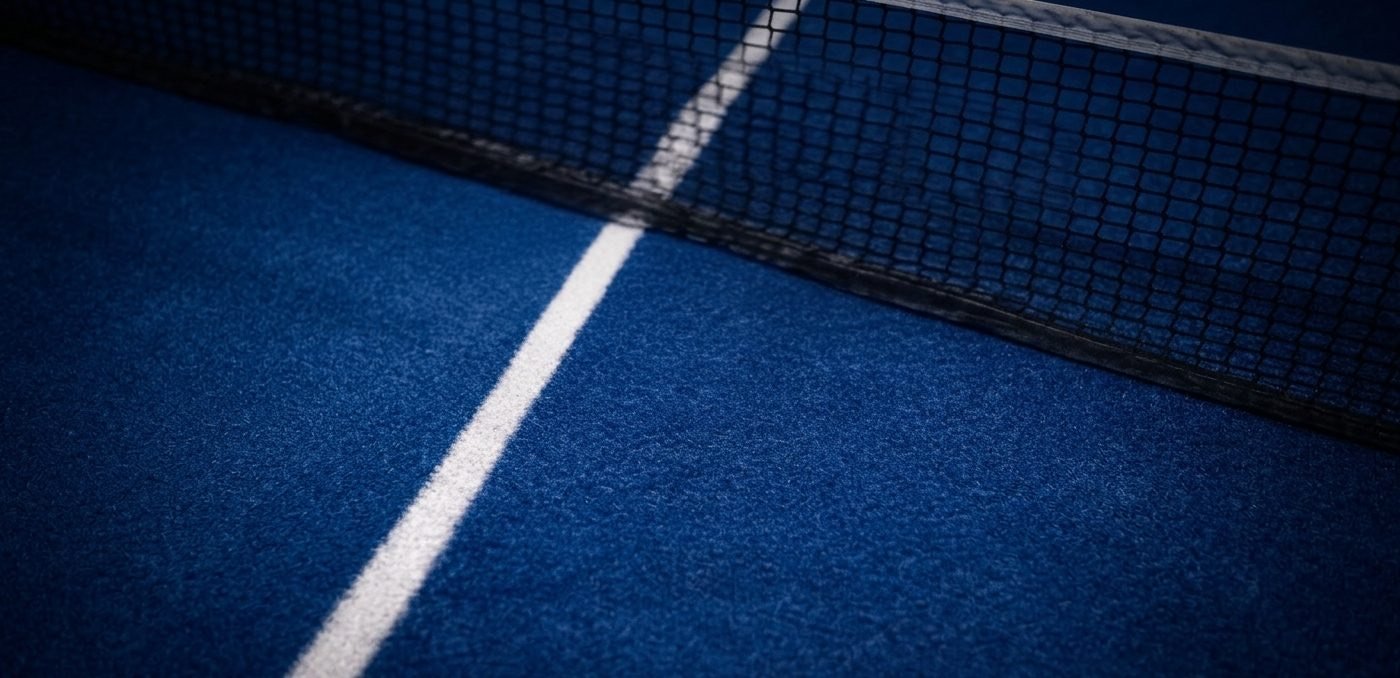 Blauer Padel-Court mit Netz und weißer Linie in Nahaufnahme